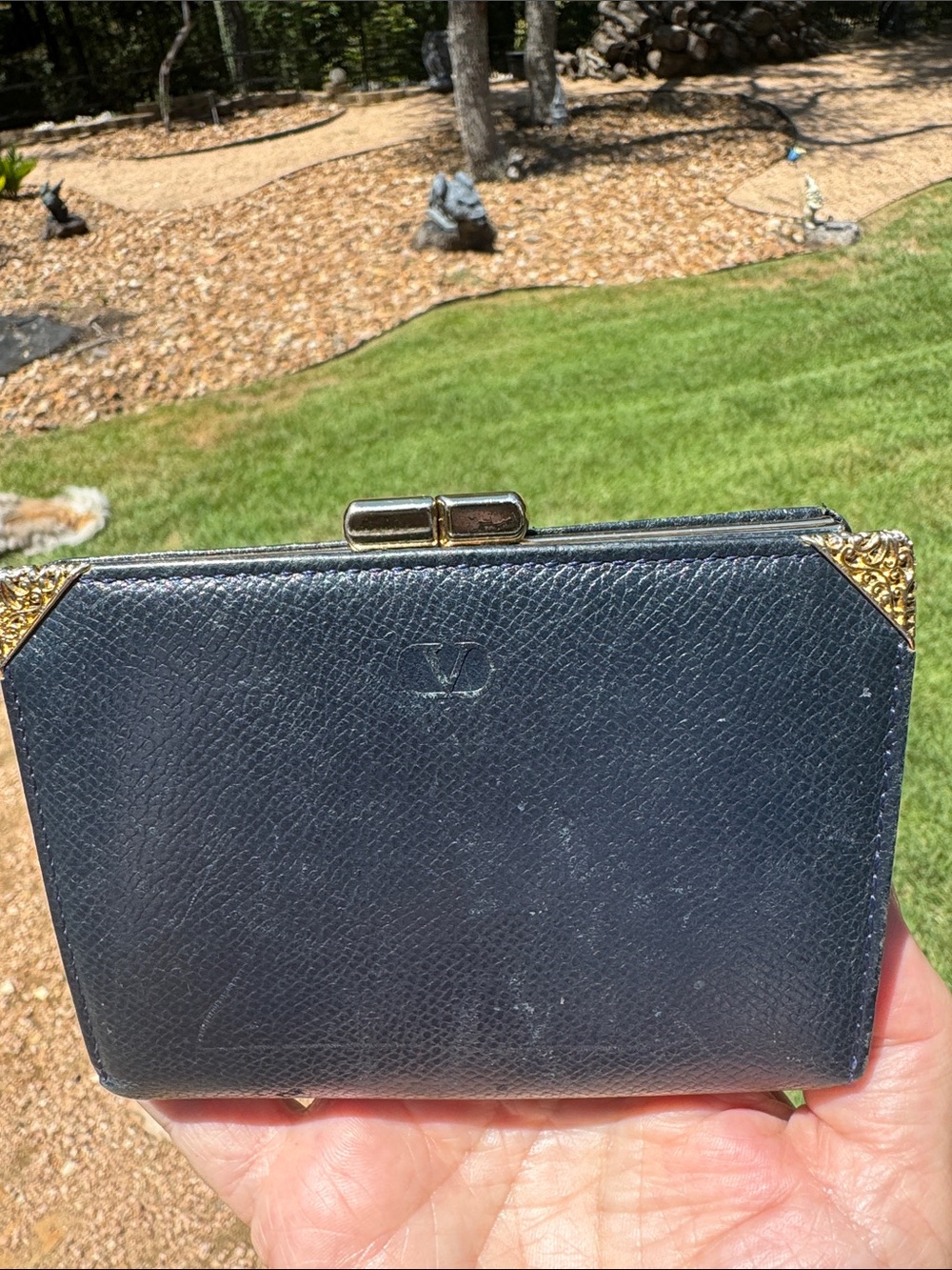 Valentino Garavani kiss lock wallet Navy Leather Gold Corners